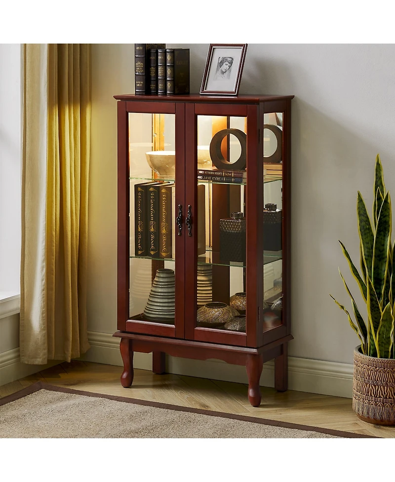 flynama 3-Tier Lighted Glass Curio Cabinet Acrylic Mirror Back Adjustable Tempered Glass Shelf Home Collection Display Cabinet