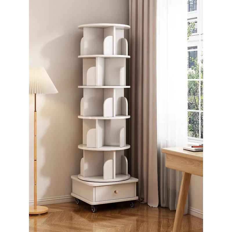 flynama 6-Tier 360 Degree Rotating Bookshelf with Single Drawer, Tall Narrow Wooden Corner Home Display Rack