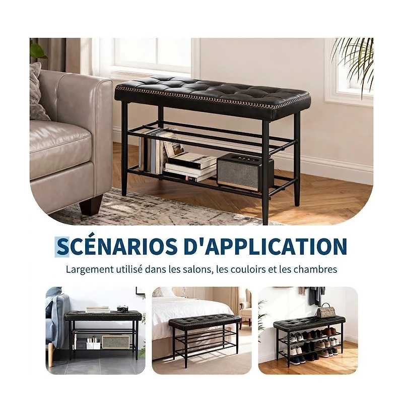homfan Oil-Wax Leather Shoe Storage Bench, 3-Tier Shelf Sturdy Steel Frame Comfort Accent Bench for Entryway Bedroom