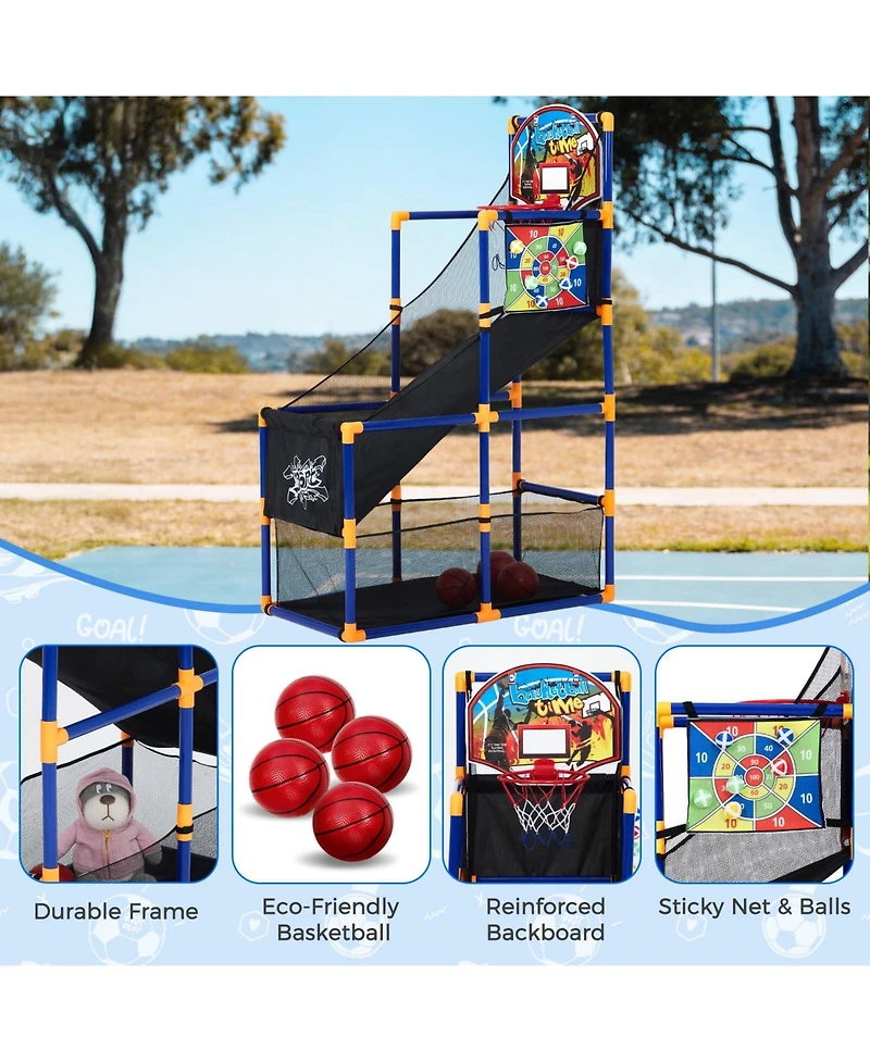 homfan 12.8 x 6.1 16.3 Inch Kids Basketball Hoop Set with 4 basketballs 6 Air Pump and Sticky Net. Indoor Outdoor Game
