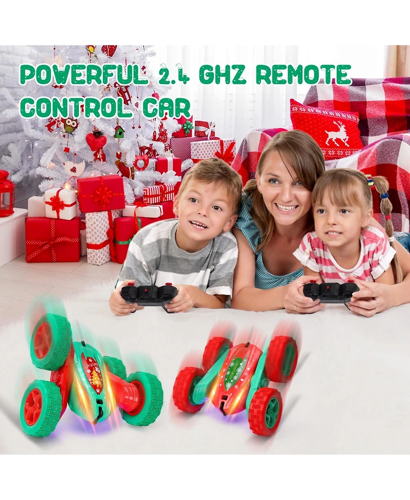homfan 10.2 x 6.7 x 5.9 in Remote Control Stunt Car Christmas Edition Rc Vehicle with 4 Batteries 360 Spinning Toy for Outdoor Adventure Play