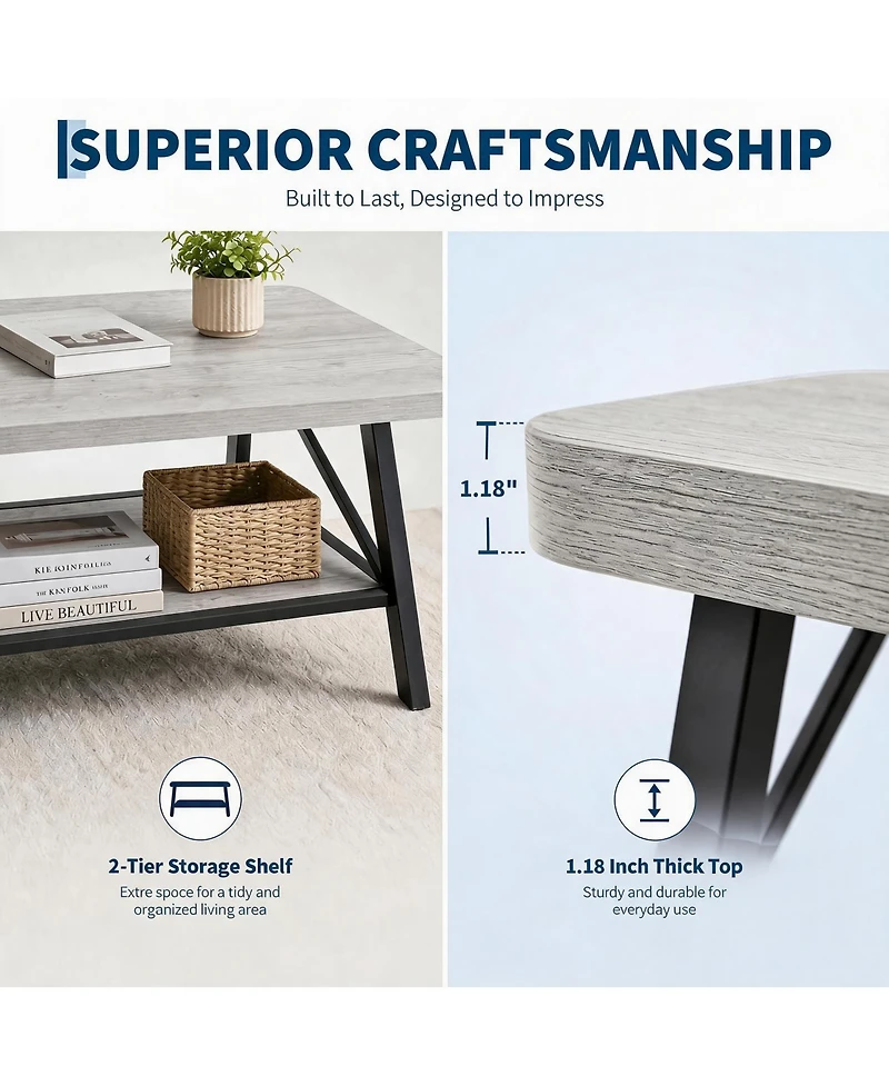 gaomon Rectangle Coffee Table for Living Room with Round Corners, Industrial Rectangle Small Coffee Table with 2-Tier Storage Shelf, Easy Assembly