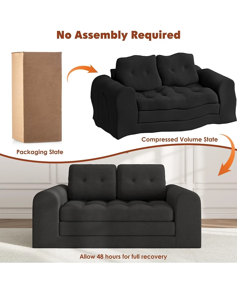 59" Corduroy Folding Sofa Bed with Round Armrests-Convertible, Back-Friendly Bed-No Assembly Required-Living Room/Bedroom Floor