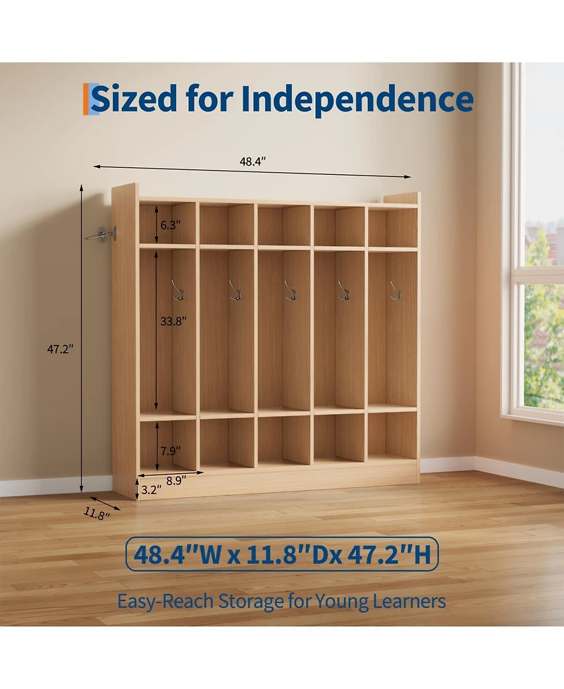 5-compartment coat locker, daycare storage cabinet fitted with 5 double hooks and 5 storage bins, ideal for home and school use