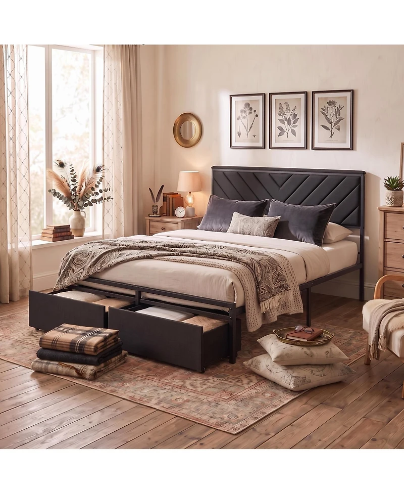 Modern Upholstered Platform Bed with 2 Storage Drawers and Built-In Power Outlet, Heavy-Duty Steel Slats, No Box Spring Needed