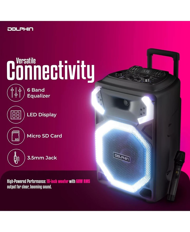 Dolphin Audio X-bass 15" Bluetooth Speaker System with Led Lights and Microphone Portable Dj Party Speaker