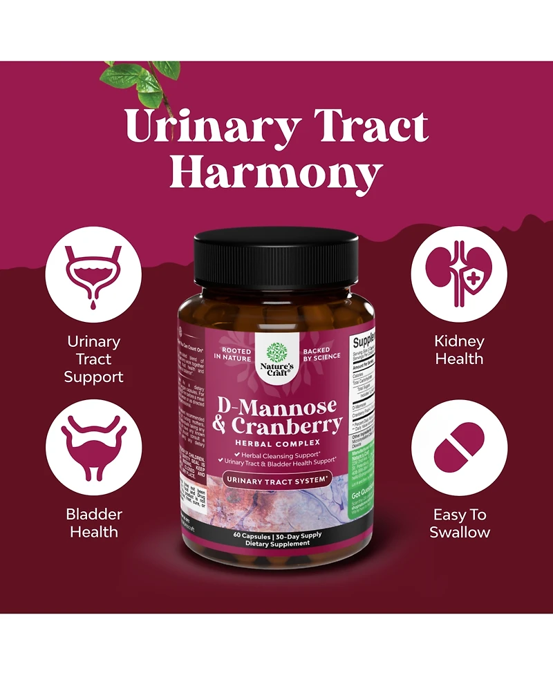 Nature's Craft D Mannose 1000mg with Cranberry Extract Capsules, Kidney Cleanse & Urinary Tract Health for Women, Nature's Craft, 60ct