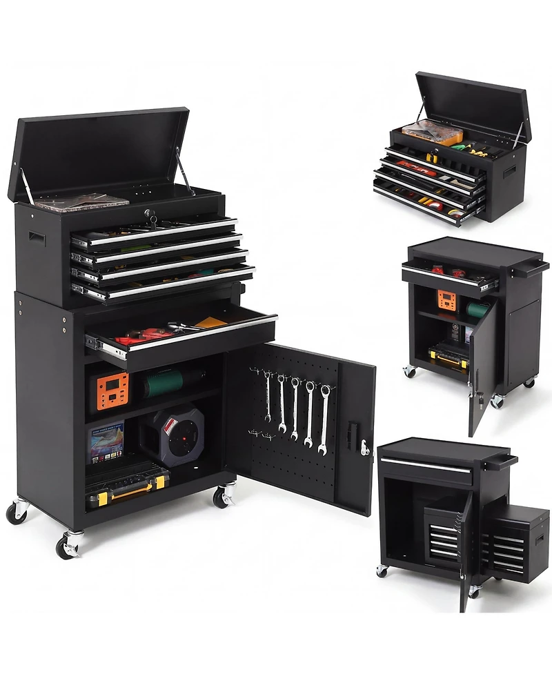 2-in-1 Tool Storage Cabinet: A lockable, -drawer metal tool cart on casters. Features a removable top toolbox, protective lining