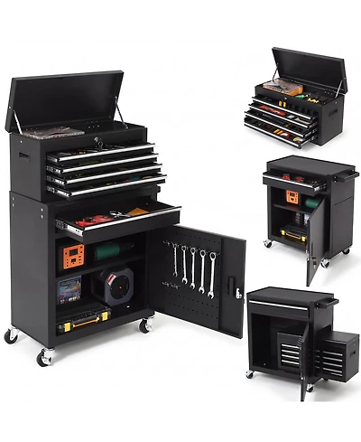 2-in-1 Tool Storage Cabinet: A lockable, -drawer metal tool cart on casters. Features a removable top toolbox, protective lining