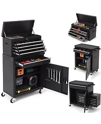 2-in-1 Tool Storage Cabinet: A lockable, -drawer metal tool cart on casters. Features a removable top toolbox, protective lining