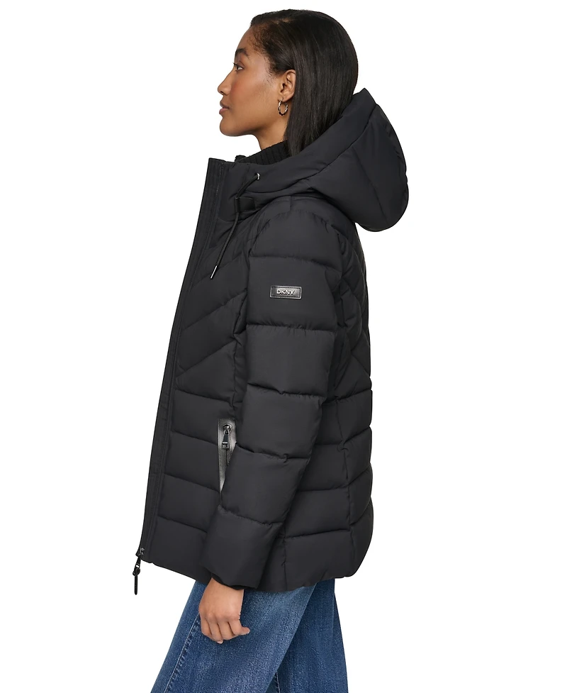 Dkny Women's Bibbed Knit Collar Puffer Coat