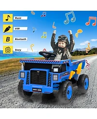 homfan 12V Ride-On Dump Truck, 4-Wheeler Electric Construction Vehicle with Remote Control, Bed, Shovel, Led Lights, Music