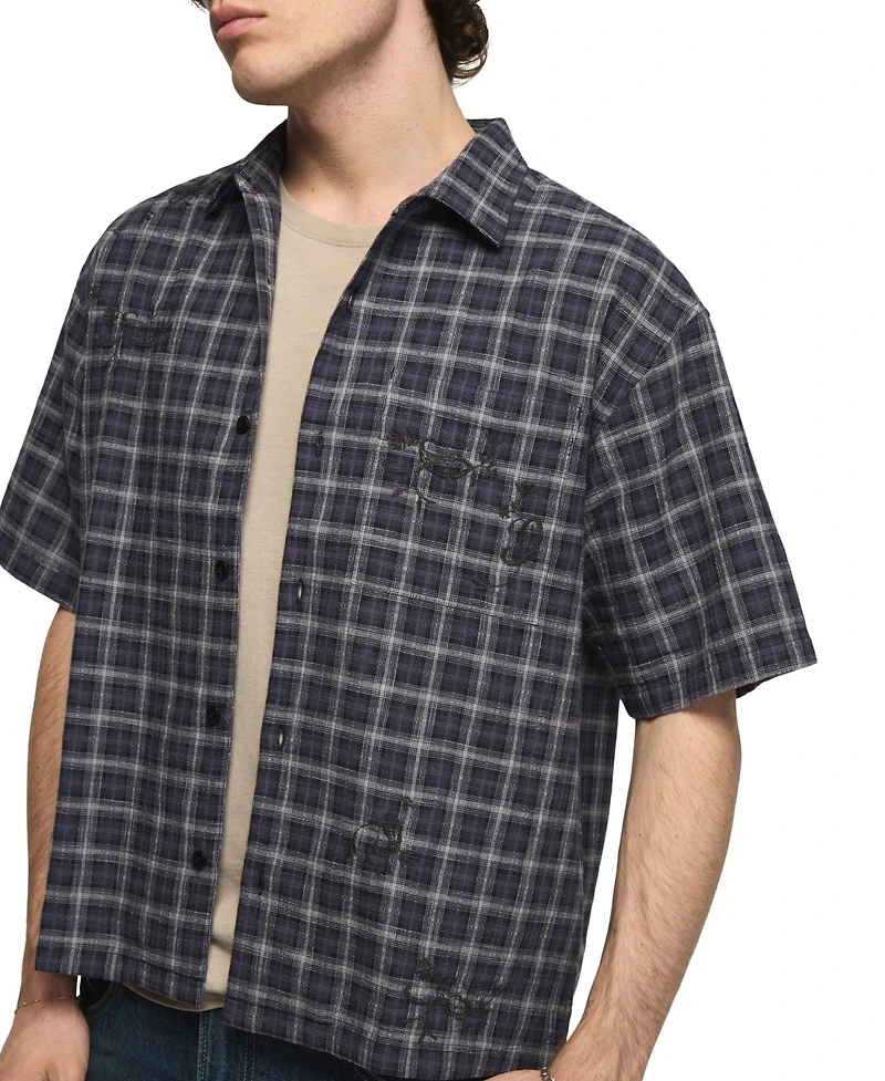 Lucky Brand Men's Embroidered Plaid Spread Collar Shirt
