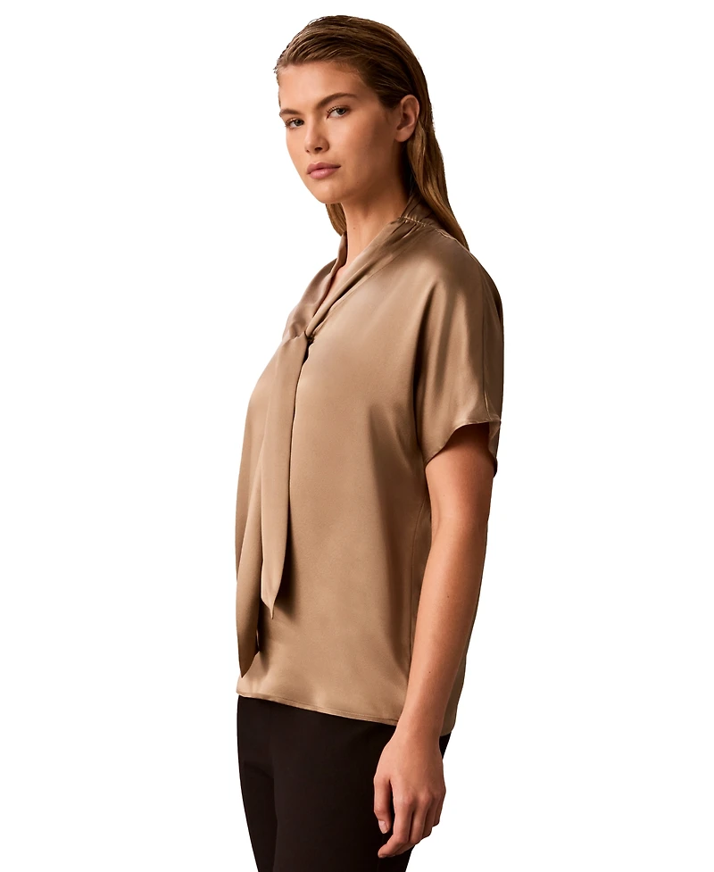 Calvin Klein Women's Matte Satin Tie-Neck Blouse