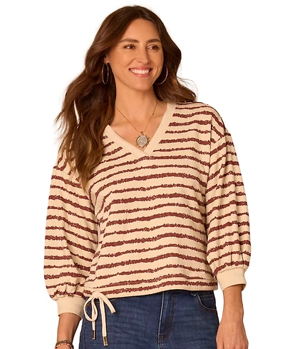 Democracy Women's Jacquard V-Neck Blouson-Sleeve Top