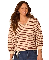 Democracy Women's Jacquard V-Neck Blouson-Sleeve Top