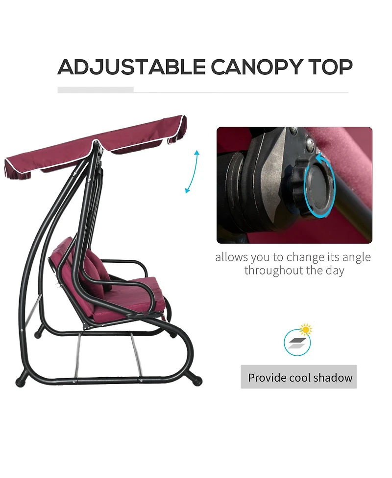Outsunny 3 Seat Outdoor Free Standing Swing Bench Porch Swing with Stand, Comfortable Cushioned Fabric & Included Canopy, Red