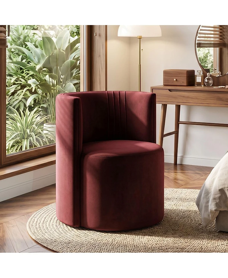 Maison Boucle Office Chair for Desk, Velvet Burgundy Barrel with Hidden Casters, Upholstered Tub Seat Curved Back, Space-Saving