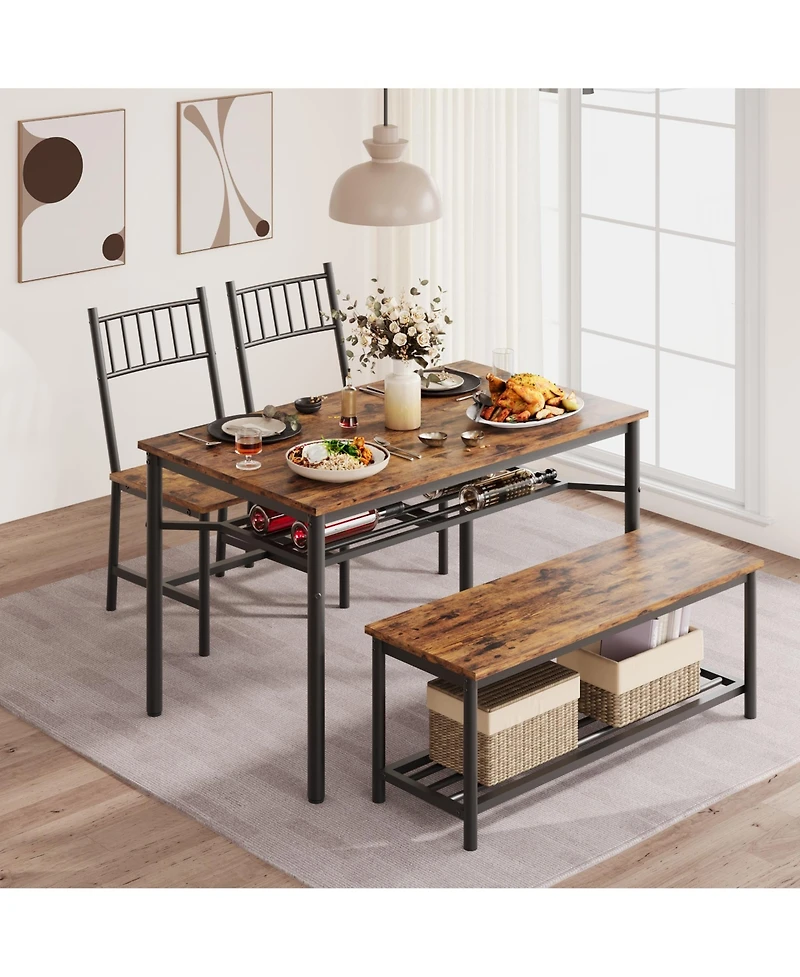 homfan 4-Piece Dining Set Space-Saving Rectangular Table with Chairs, Storage Bench & Wine Rack – Sturdy Metal Frame for Small Spaces