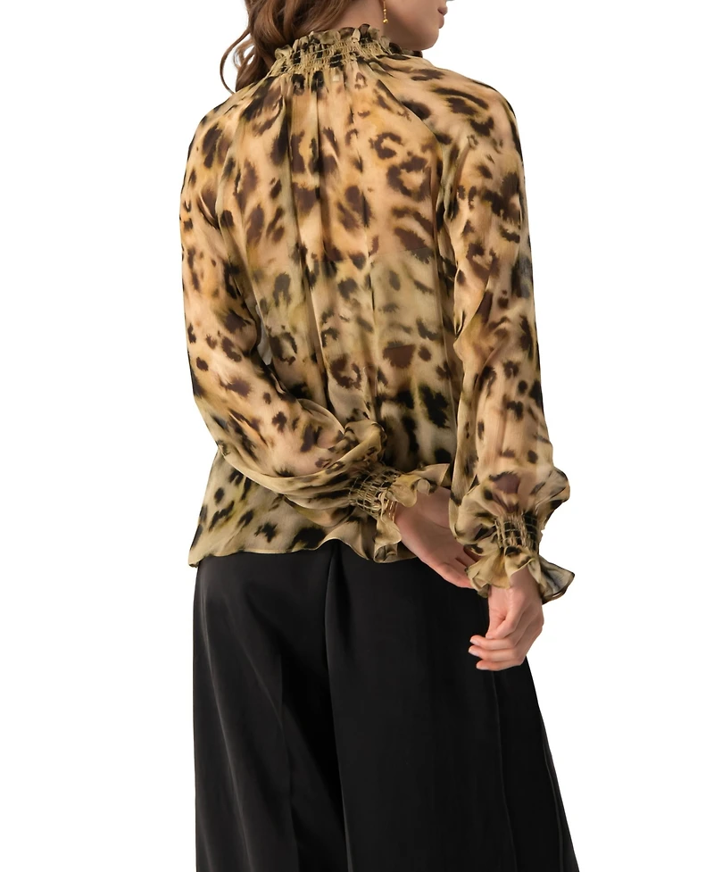 Ivonne Women's Sheer Chiffon Tie-Neck Blouse Abstract Animal Print