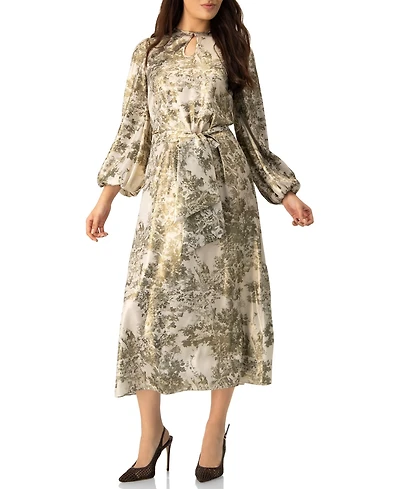 Ivonne Women's Botanical Print Satin, Long Sleeve Belted Keyhole Midi Dress