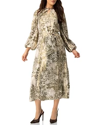Ivonne Women's Botanical Print Satin, Long Sleeve Belted Keyhole Midi Dress