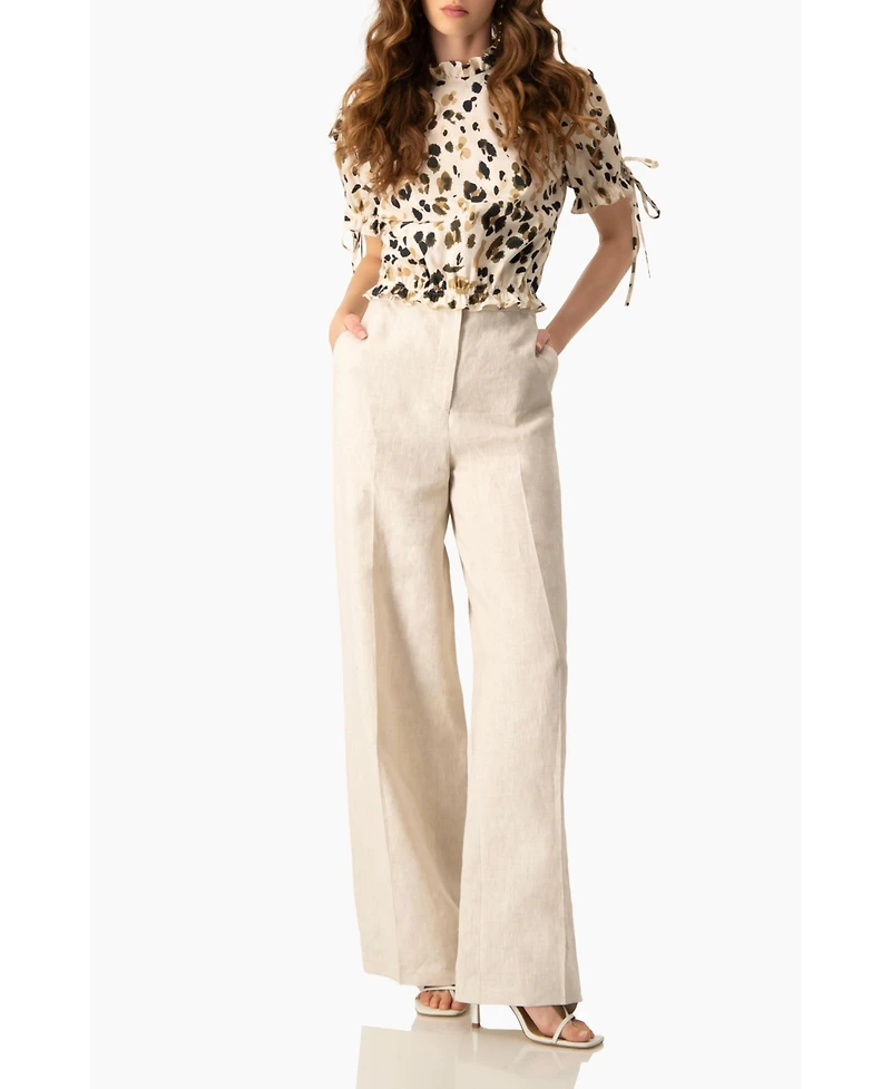 Ivonne Women's Abstract Animal Print Crop Blouse, Puff Sleeve Ruffle Neck Top
