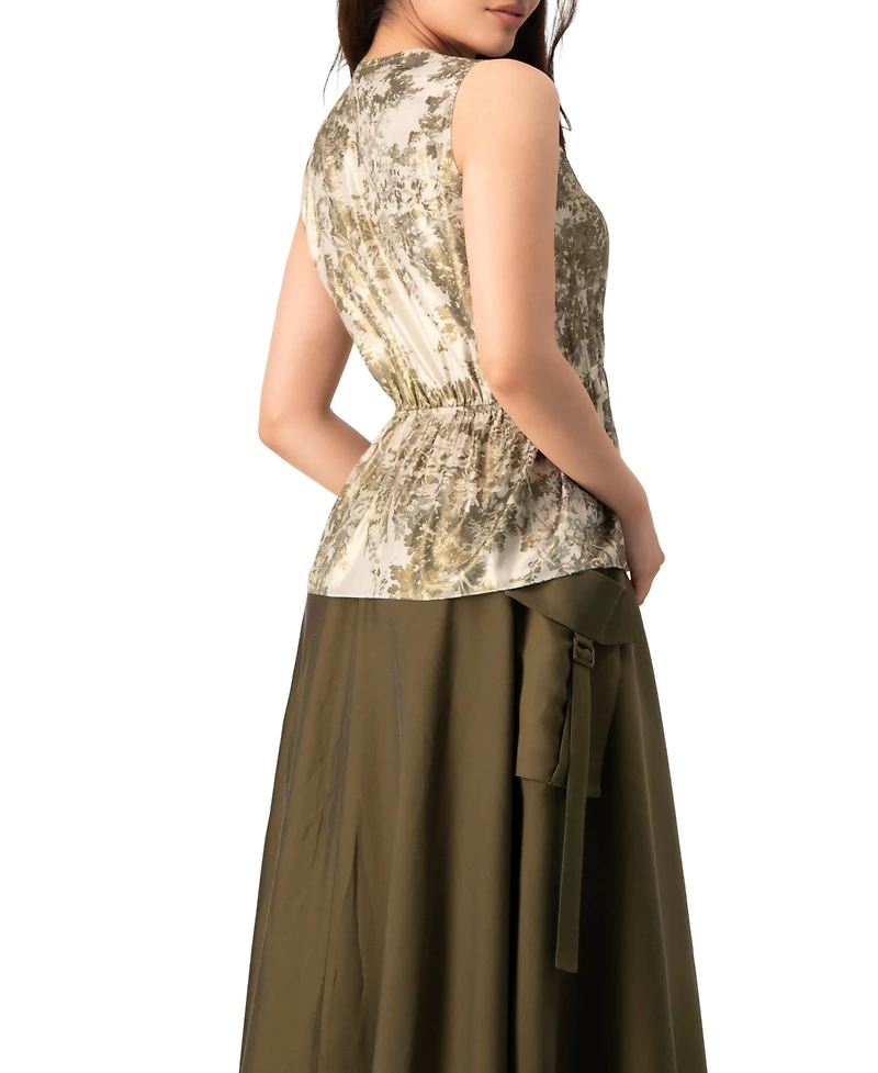 Ivonne Women's Sleeveless Peplum Blouse Abstract Botanical Print Top