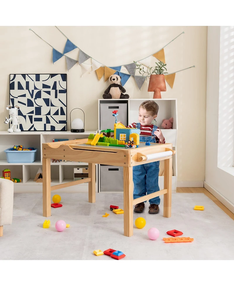 Kids Multi Activity Play Table Wooden Building Block Desk with Storage Paper Roll