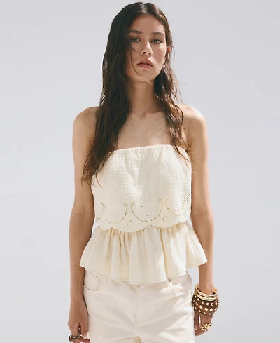 Mango Women's Embroidered Details Crinkled Top