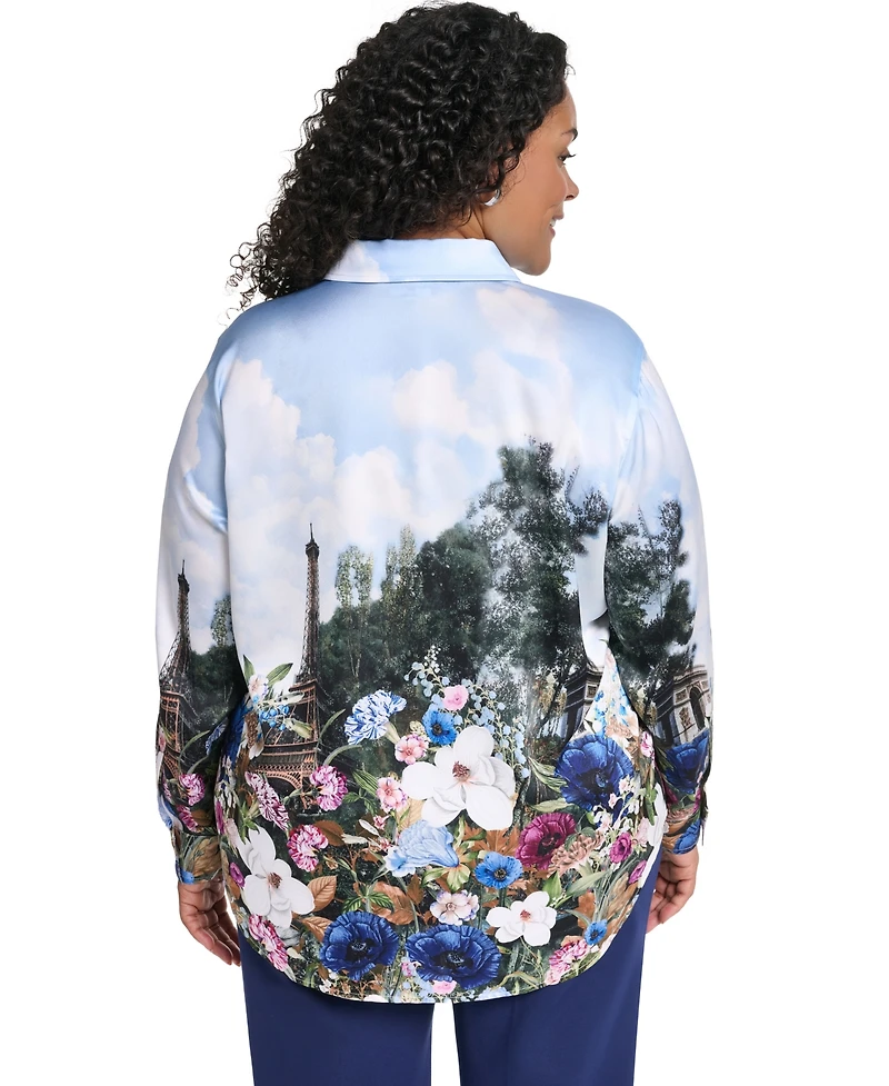 Karl Lagerfeld Paris Plus City Scene Collared Button-Front Top