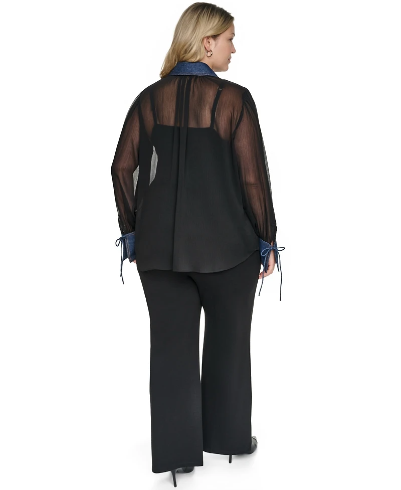 Karl Lagerfeld Paris Plus Mixed Media Collared Button-Front Top