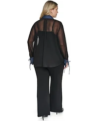 Karl Lagerfeld Paris Plus Mixed Media Collared Button-Front Top