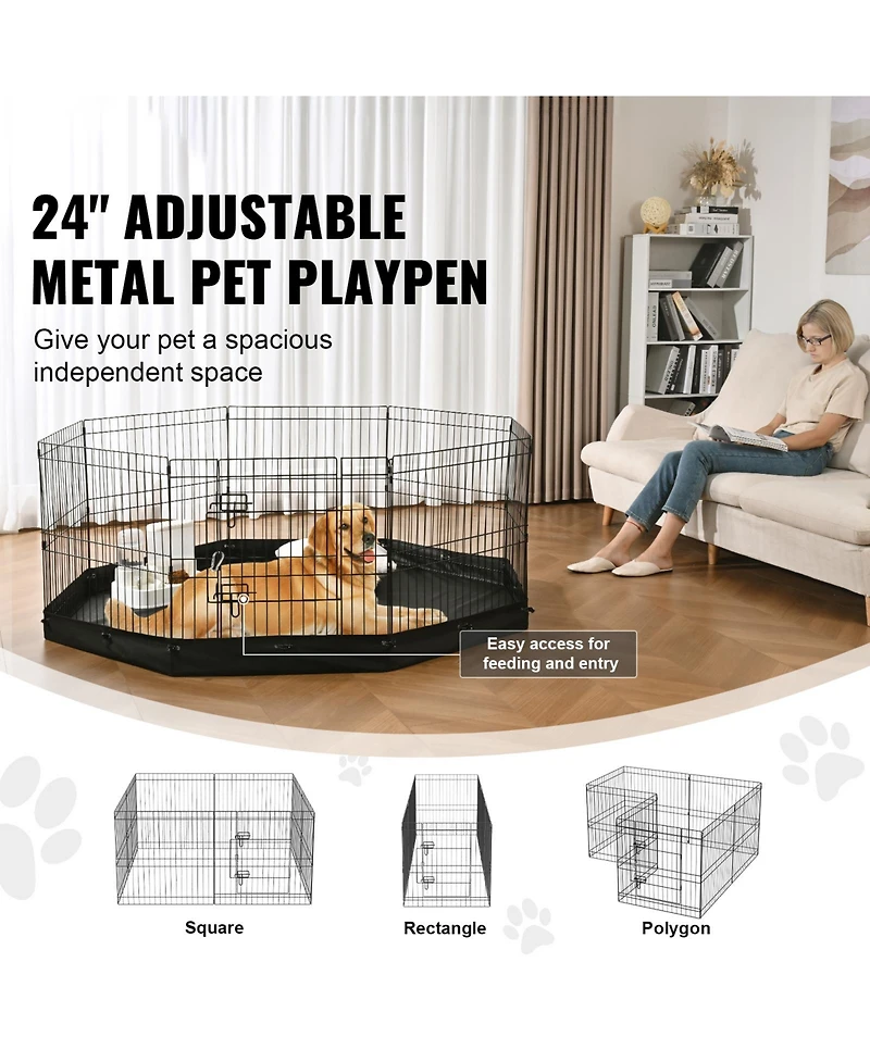 Vevor Dog Playpen 8 Panels Foldable Metal Dog Exercise Pen with Bottom Pad 24" H