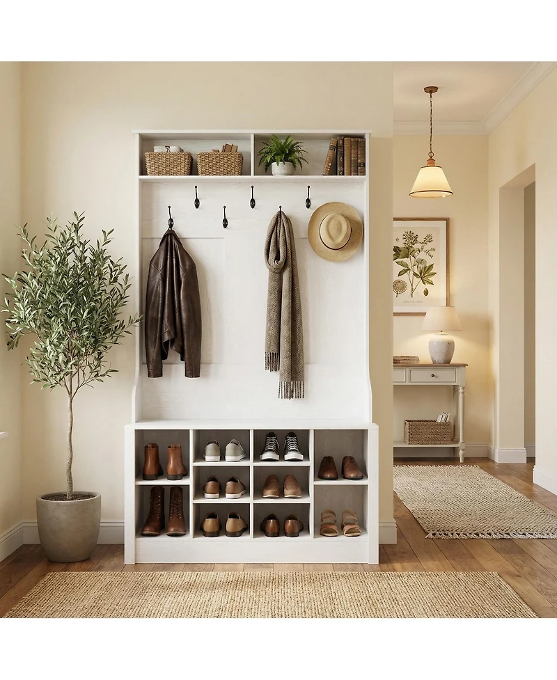 Homsee 39.4" Storage Bench with Seat - 3-in-1 Entryway Hall Tree| 7 Hooks and Shoe Cabinet