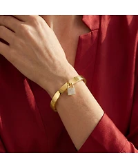 Rachel Glauber 14k Yellow Gold Plated with Cubic Zirconia Padlock Charm Stacking Bangle Bracelet