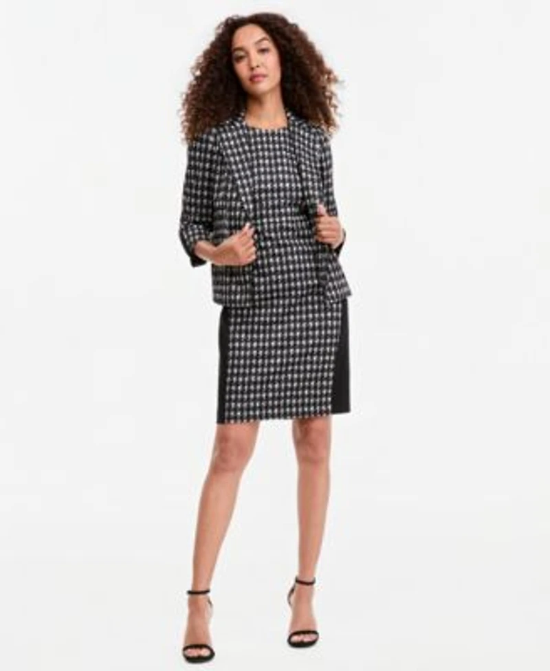 Kasper Womens Check Print Open Seamed Jacket Crewneck Sleeveless Sheath Dress