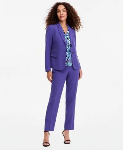 Kasper Womens Notch Collar Button Front Jacket Printed Funnel Neck Extended Shoulder Top Ava Mid Rise Straight Leg Crepe Pants