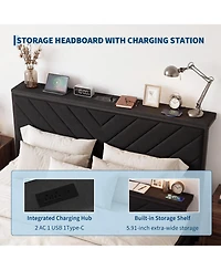Upholstered Metal Platform Bed Frame with Charging Station Headboard & 2 Rolling Under Storage Drawers