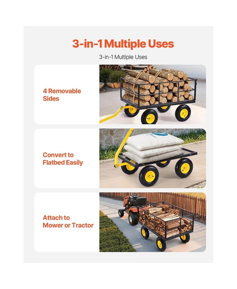 Vevor Steel Garden Cart 1400lb Capacity Heavy Duty Yard Wagon Utility Cart 13in Tires