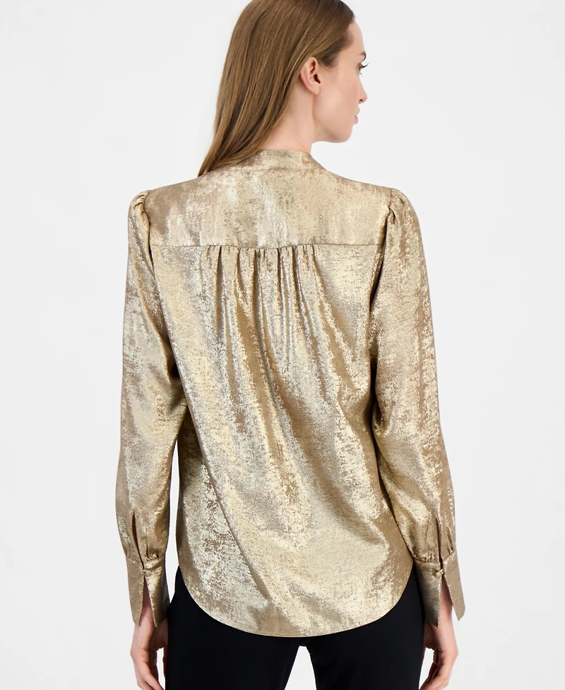 Anne Klein Women's Shimmer Pleat-Front Long-Sleeve V-Neck Blouse