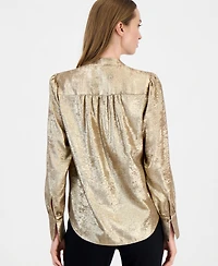 Anne Klein Women's Shimmer Pleat-Front Long-Sleeve V-Neck Blouse