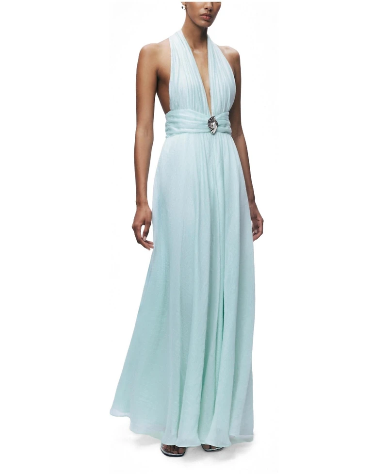Nocturne Women's Pleated Halterneck Maxi Dress with Brooch Detail