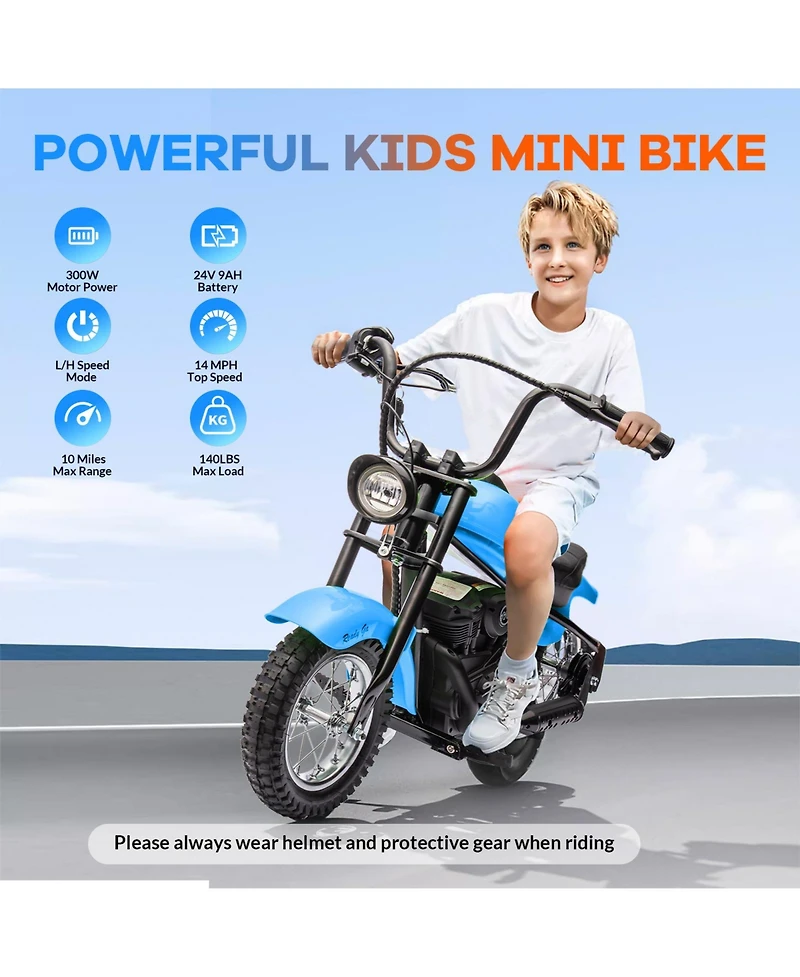 homfan 45.2 x 23.1 29.6 Inch Kids Electric Ride On Motorcycle, 24V Battery Powered Sport Bike with 18 Mph Speed for Outdoor Riding Fun