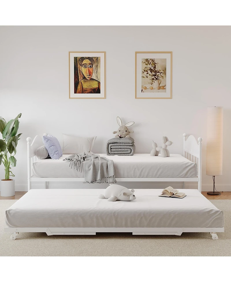 homfan Daybed with Pop-Up Trundle, Metal Sofa Bed Frame with Headboard, Locking Casters, Steel Slats, No Box Spring Needed