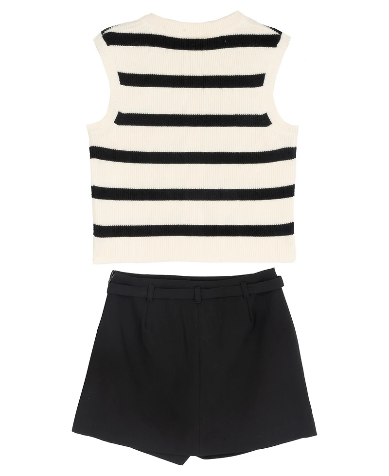 Tween Diva Girls' 7-12 Striped Sweater Vest, Pleated Skort with Belt and Bow Hair Clip, 3-Piece Set