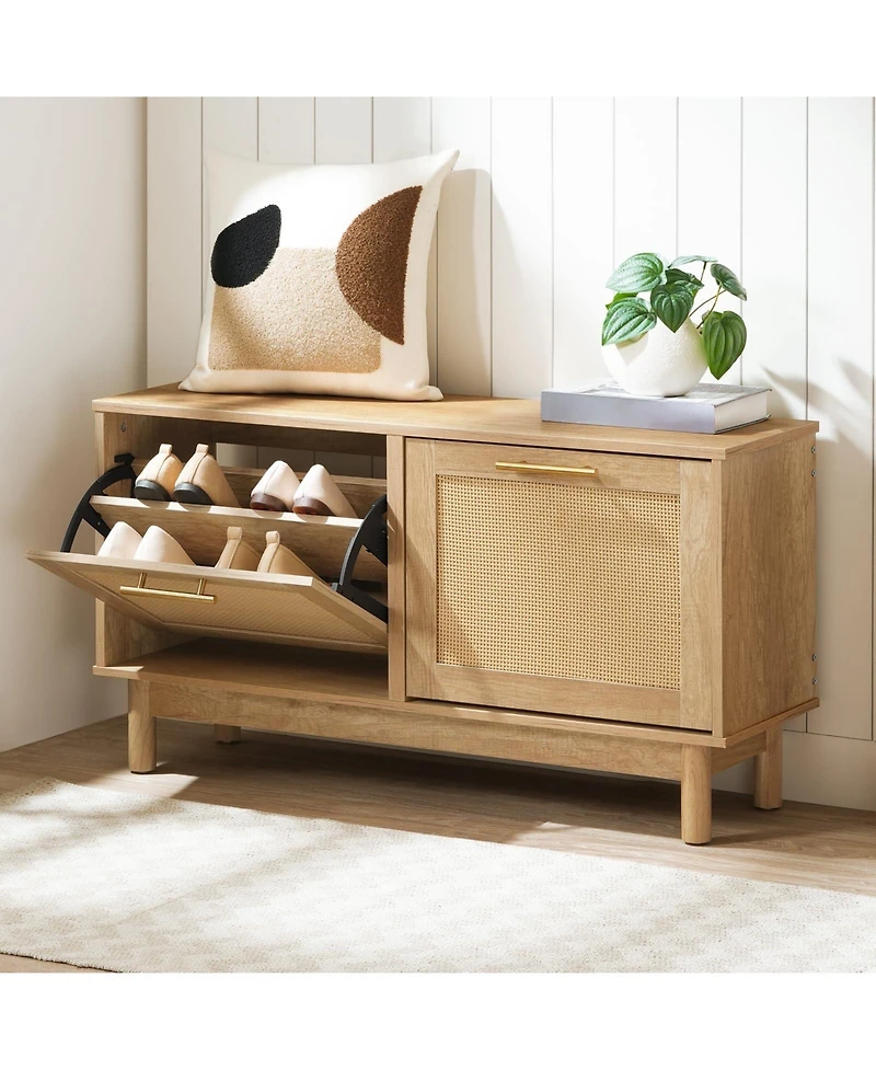 Slickblue Shoe Storage Bench Rattan Design with Flip-Top Drawers