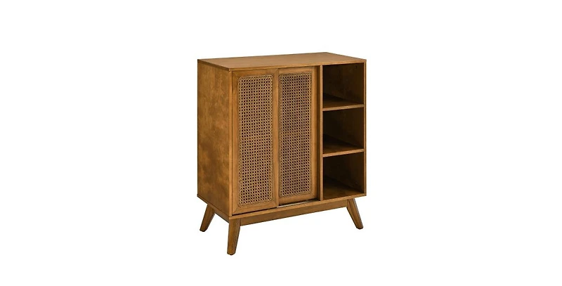 Flynama Mid Century Rattan Sideboard Cabinet with Adjustable Shelves and Wood Legs Light Wood