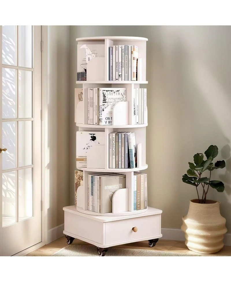 flynama 5-Tier 360 Degree Rotating Wooden Bookshelf with Single Drawer, Space-Saving Corner Home Organizer