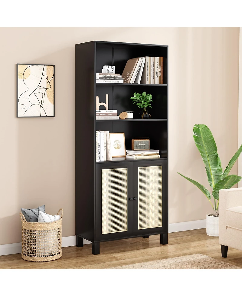 flynama Tall Bookcase with Rattan Doors, 5-Tier Wood Storage Shelf